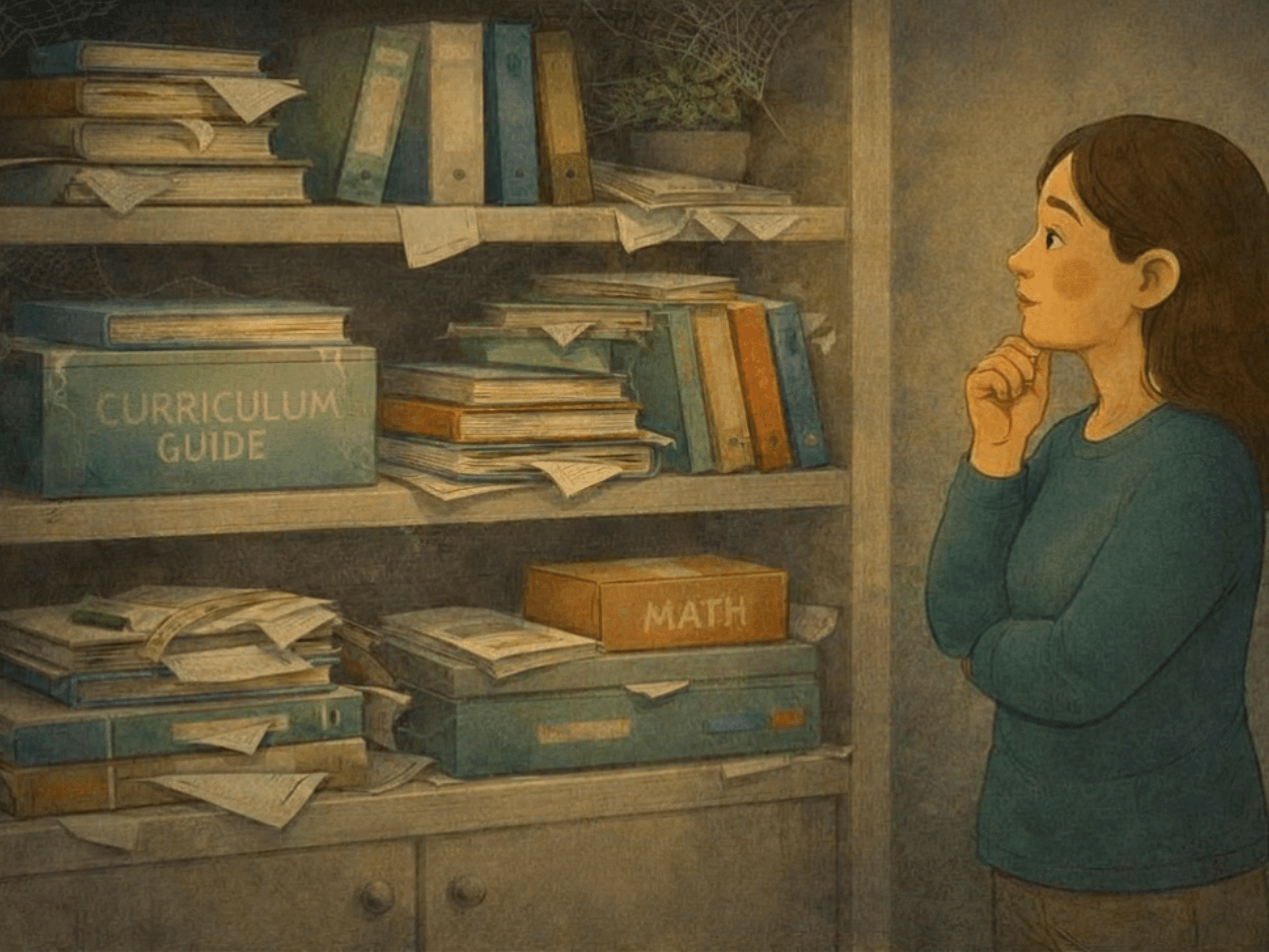 Illustration of a parent looking at a shelf full of curriculum books