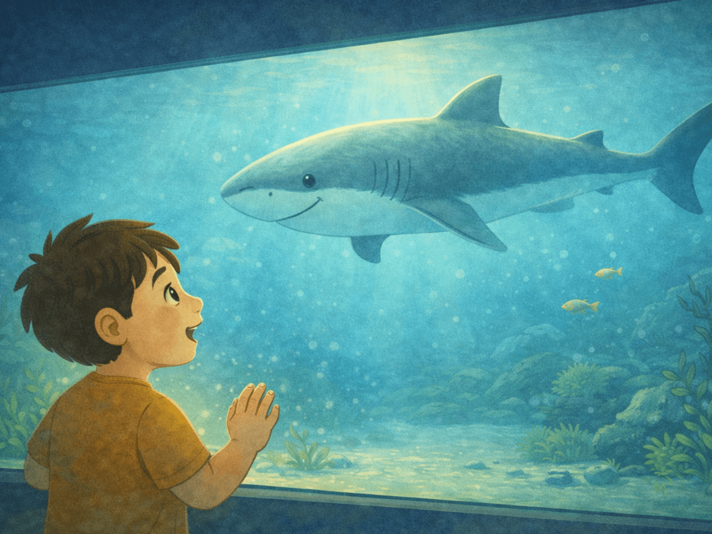 Child looking into an aquarium at a shark, captivated by learning