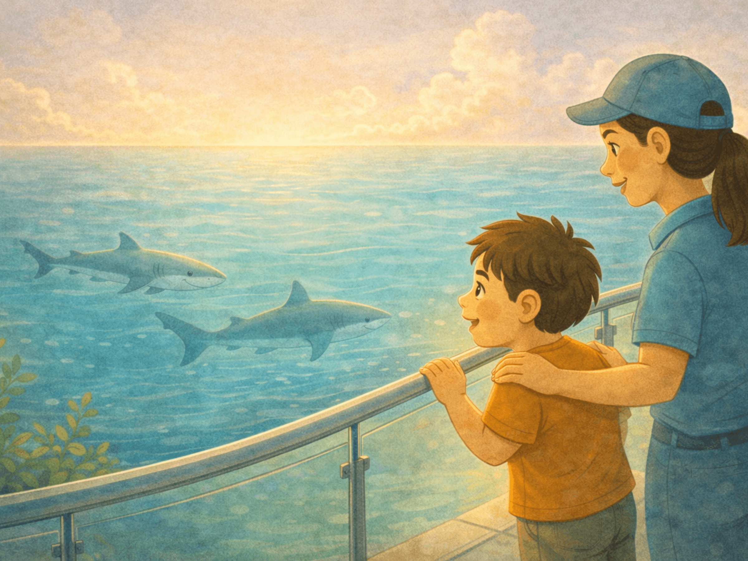 Child and parent looking through aquarium glass at sharks together